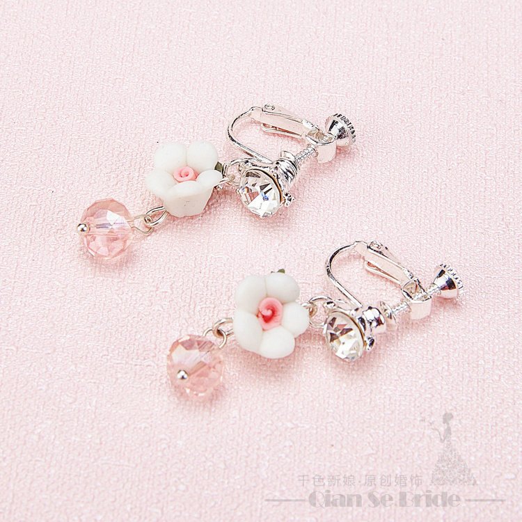 Flower Crystals Beads Pearls Soft Chain Bridal Jewelry Tiaras Necklace Earring Women Wedding Sets 3pcs - Pink
