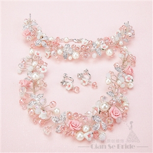 Flower Crystals Beads Pearls Soft Chain Bridal Jewelry Tiaras Necklace Earring Women Wedding Sets 3pcs - Pink
