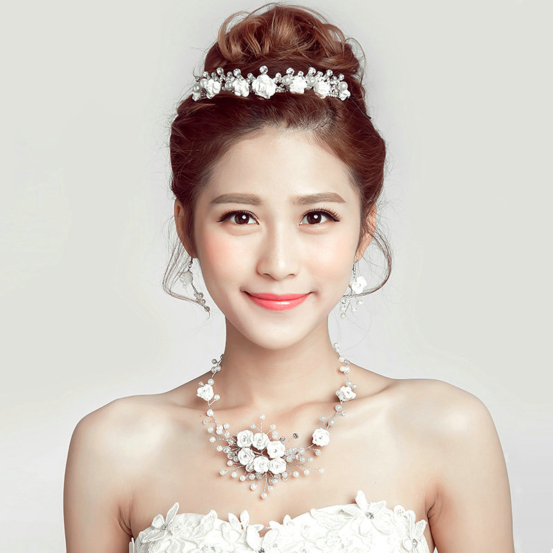 Flower Crystals Beads Pearls Soft Chain Bridal Jewelry Tiaras Necklace Earring Women Wedding Sets 3pcs - White