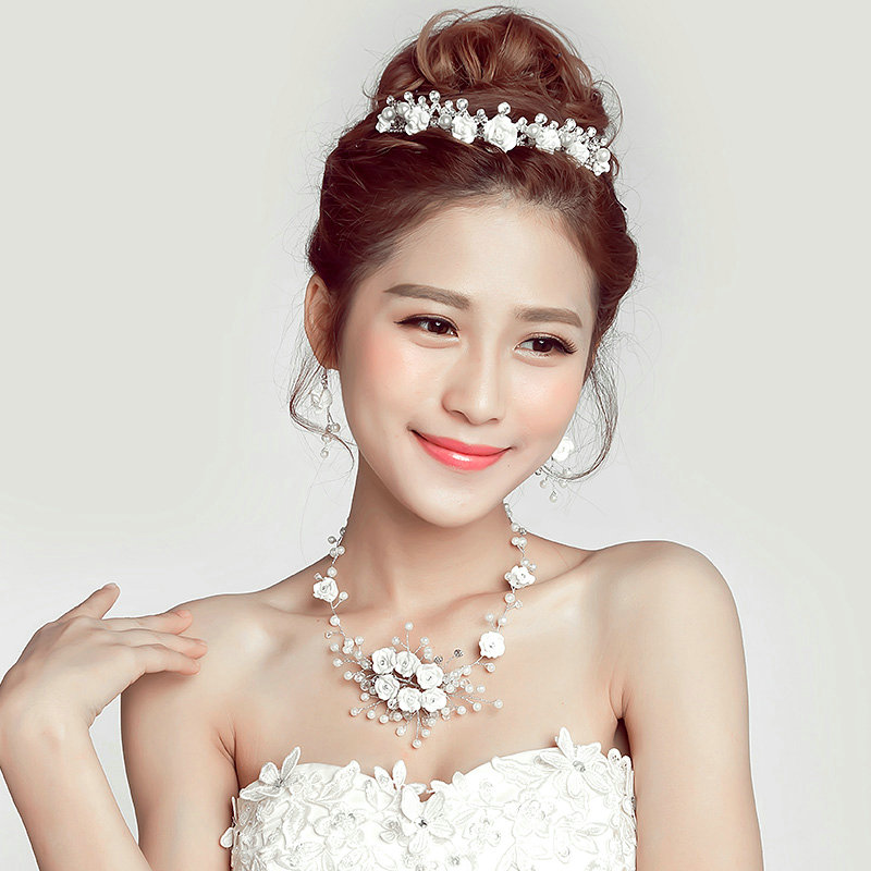 Flower Crystals Beads Pearls Soft Chain Bridal Jewelry Tiaras Necklace Earring Women Wedding Sets 3pcs - White