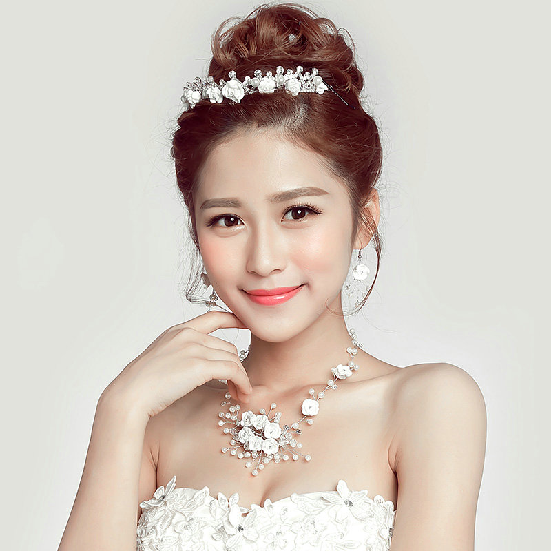 Flower Crystals Beads Pearls Soft Chain Bridal Jewelry Tiaras Necklace Earring Women Wedding Sets 3pcs - White