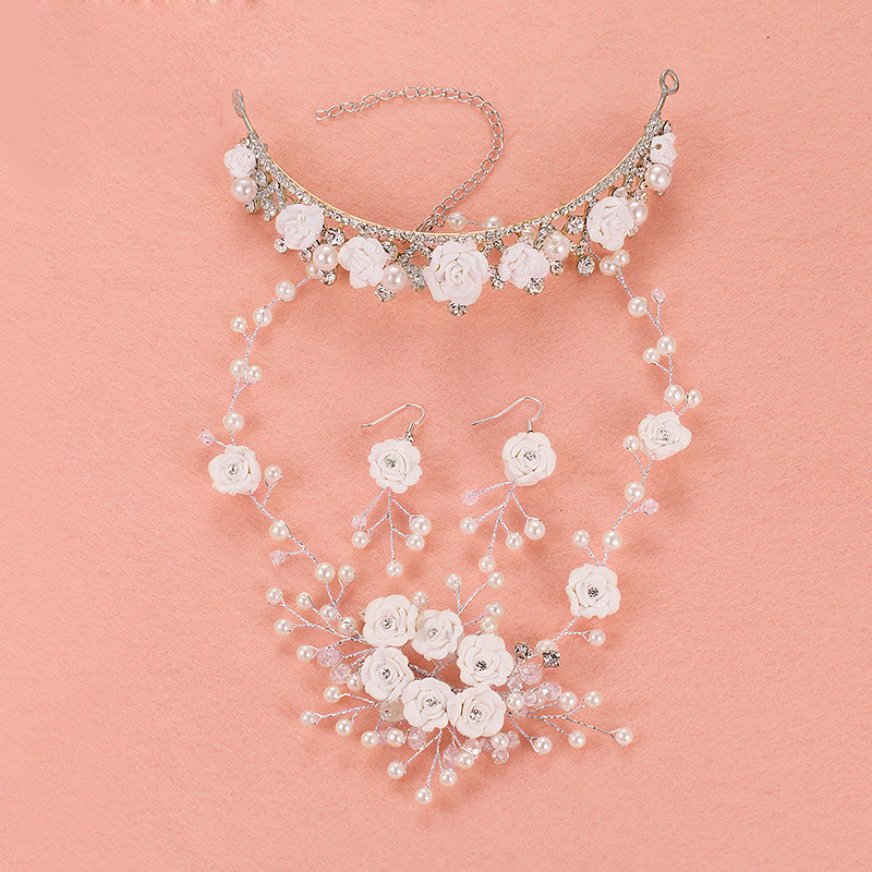 Flower Crystals Beads Pearls Soft Chain Bridal Jewelry Tiaras Necklace Earring Women Wedding Sets 3pcs - White