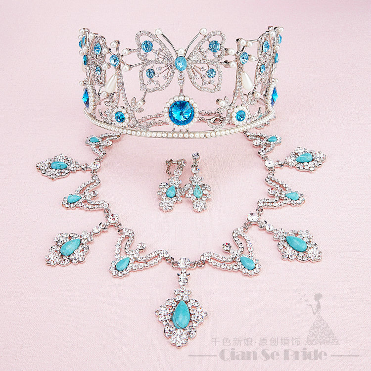 Gem Rhinestone Butterfly Bridal Jewelry Tiaras Necklace Earring Women Wedding Sets 3pcs - Blue