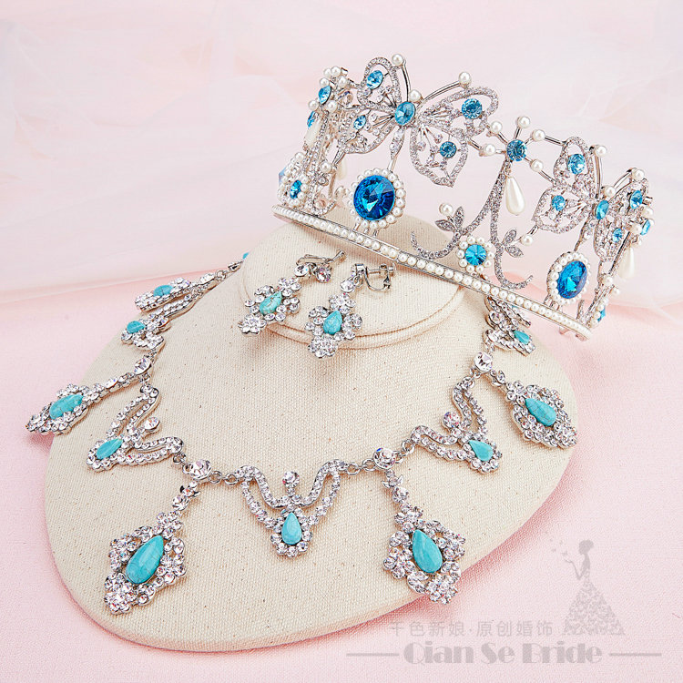 Gem Rhinestone Butterfly Bridal Jewelry Tiaras Necklace Earring Women Wedding Sets 3pcs - Blue