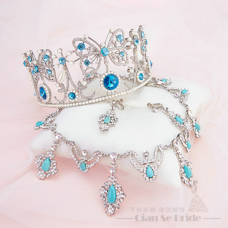 Gem Rhinestone Butterfly Bridal Jewelry Tiaras Necklace Earring Women Wedding Sets 3pcs - Blue