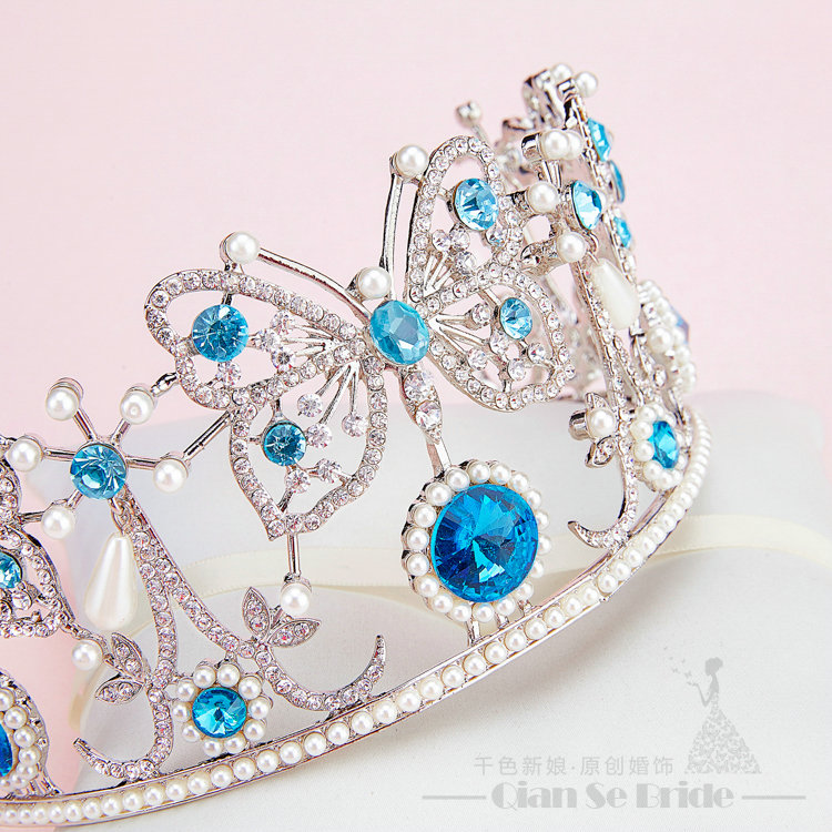 Gem Rhinestone Butterfly Bridal Jewelry Tiaras Necklace Earring Women Wedding Sets 3pcs - Blue