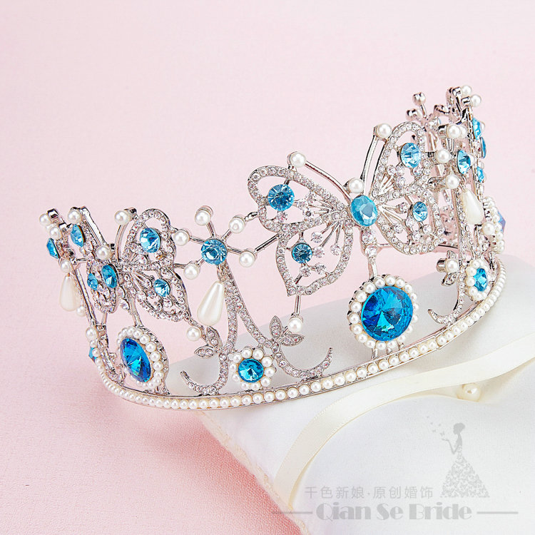 Gem Rhinestone Butterfly Bridal Jewelry Tiaras Necklace Earring Women Wedding Sets 3pcs - Blue