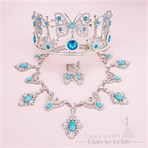 Gem Rhinestone Butterfly Bridal Jewelry Tiaras Necklace Earring Women Wedding Sets 3pcs - Blue