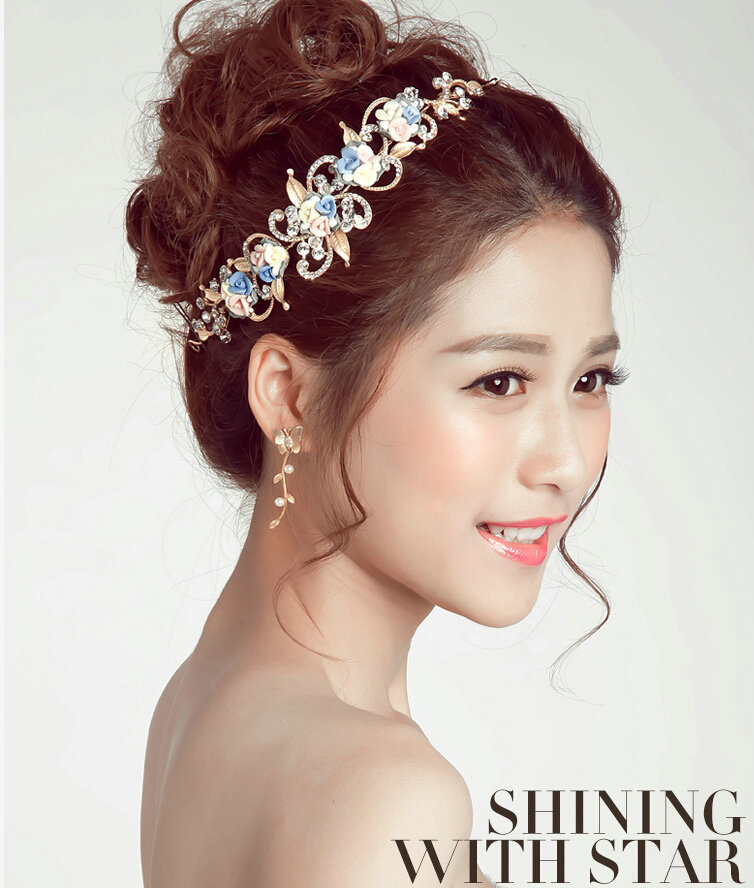 Gold Leaf Rhinestone Flower Bridal Headbands Earrings Women Princess Style Jewelry Sets - White