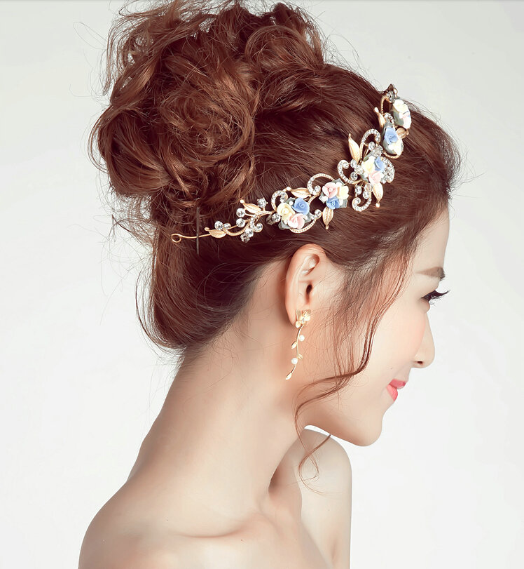 Gold Leaf Rhinestone Flower Bridal Headbands Earrings Women Princess Style Jewelry Sets - White