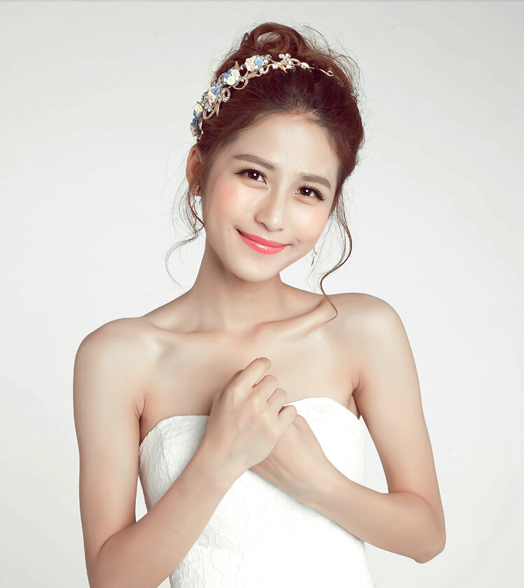 Gold Leaf Rhinestone Flower Bridal Headbands Earrings Women Princess Style Jewelry Sets - White