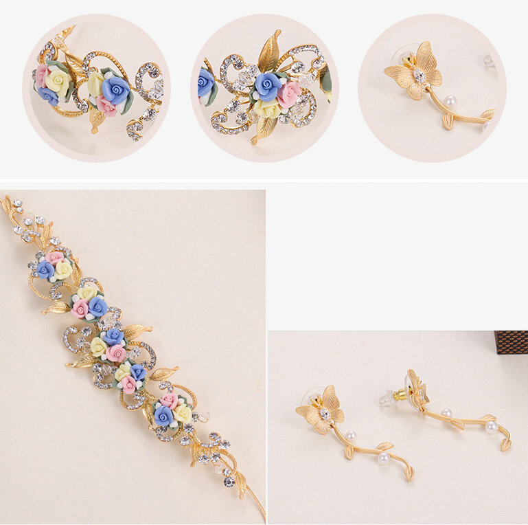 Gold Leaf Rhinestone Flower Bridal Headbands Earrings Women Princess Style Jewelry Sets - White
