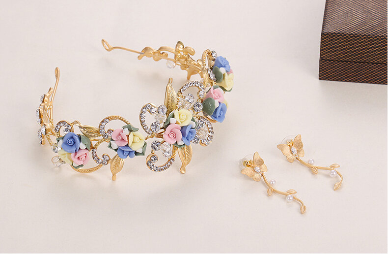 Gold Leaf Rhinestone Flower Bridal Headbands Earrings Women Princess Style Jewelry Sets - White
