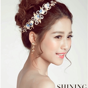 Gold Leaf Rhinestone Flower Bridal Headbands Earrings Women Princess Style Jewelry Sets - White