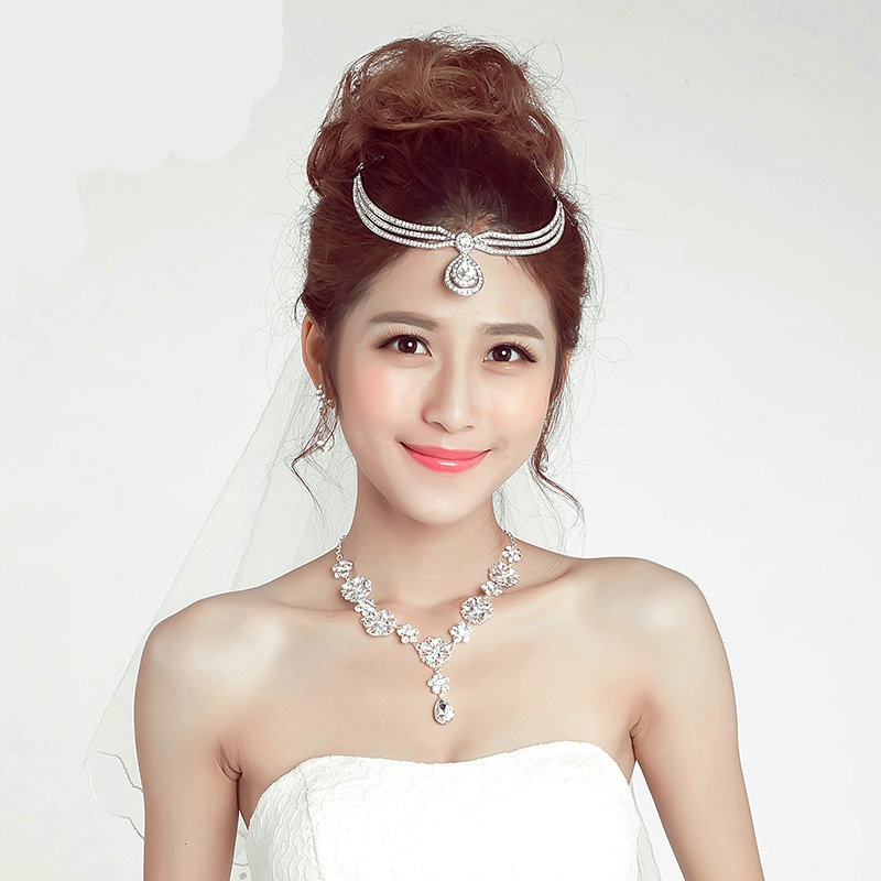 Gold Plated Rhinestone Raindrop Flower Bridal Necklace Earrings Women Wedding Jewelry Sets - Silver