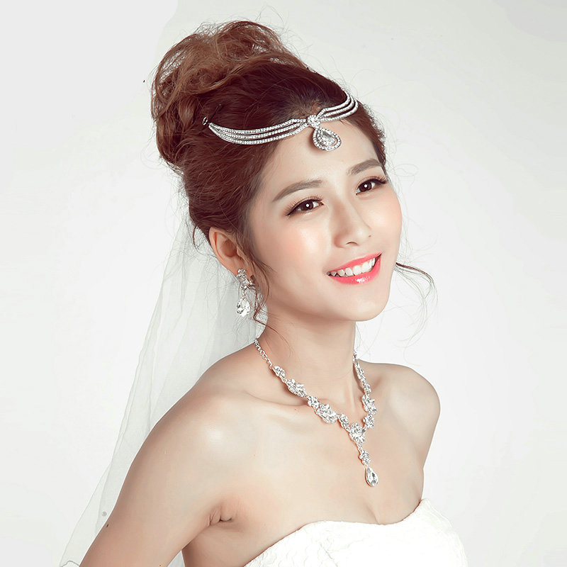 Gold Plated Rhinestone Raindrop Flower Bridal Necklace Earrings Women Wedding Jewelry Sets - Silver