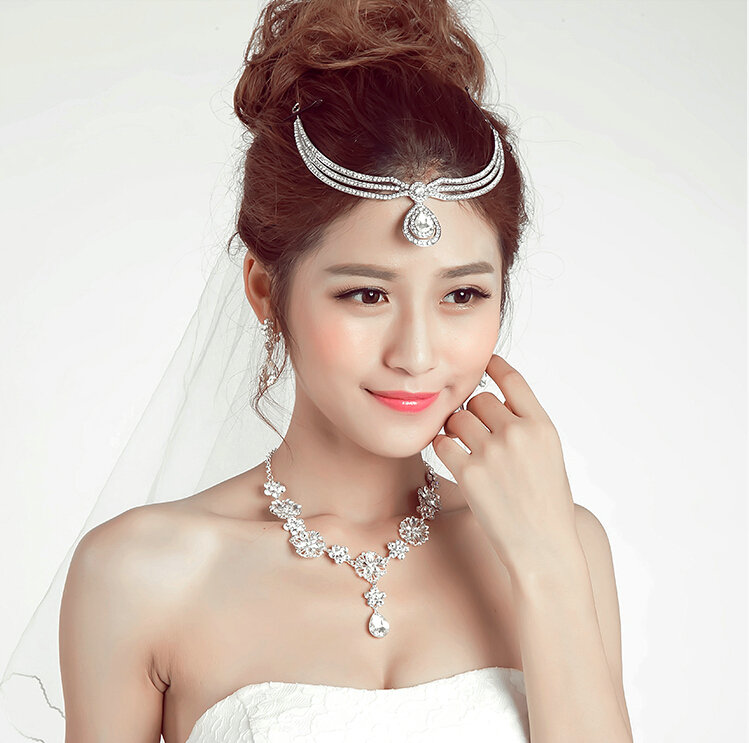 Gold Plated Rhinestone Raindrop Flower Bridal Necklace Earrings Women Wedding Jewelry Sets - Silver