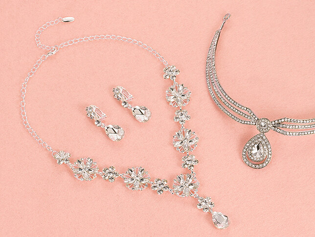 Gold Plated Rhinestone Raindrop Flower Bridal Necklace Earrings Women Wedding Jewelry Sets - Silver