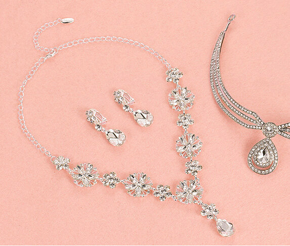 Gold Plated Rhinestone Raindrop Flower Bridal Necklace Earrings Women Wedding Jewelry Sets - Silver