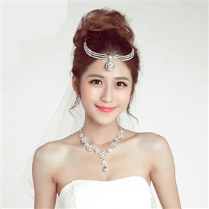 Gold Plated Rhinestone Raindrop Flower Bridal Necklace Earrings Women Wedding Jewelry Sets - Silver