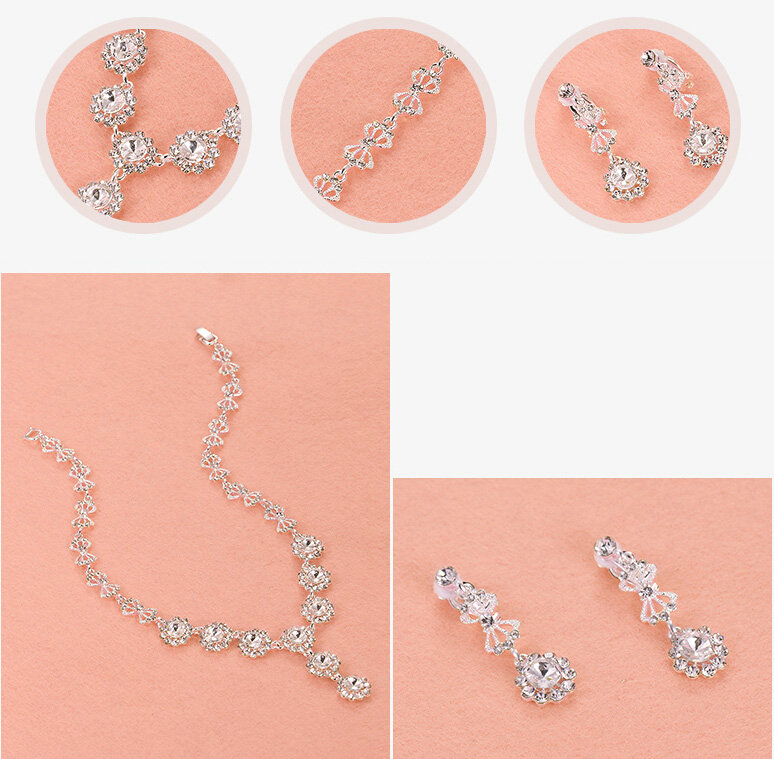 Gold Plated Rhinestone Round Flower Bridal Necklace Earrings Women Wedding Jewelry Sets - Silver