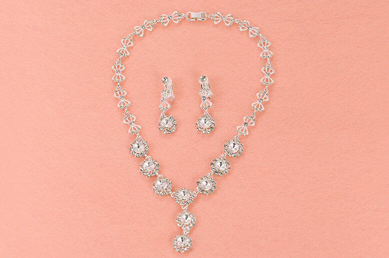 Gold Plated Rhinestone Round Flower Bridal Necklace Earrings Women Wedding Jewelry Sets - Silver