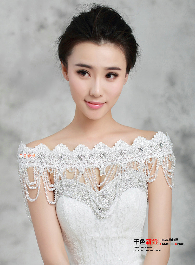 Gorgeous Lace Flower Pearls Crystal Beads Tassel Bridal Necklace Shoulder Chain Wedding Accessories
