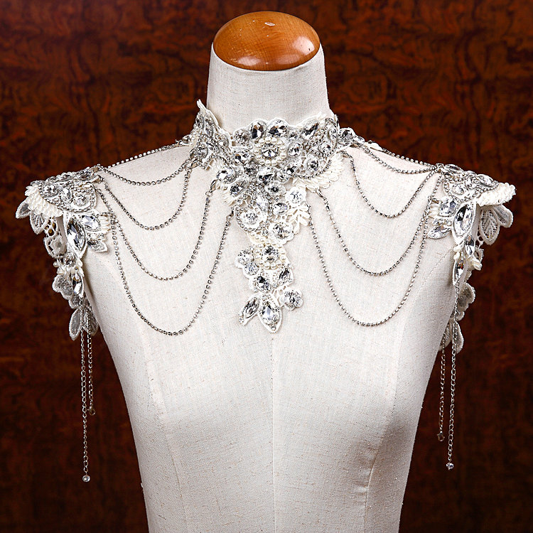 Gorgeous Lace Flower Pearls Rhinestone Tassel Bridal Necklace Shoulder Chain Wedding Accessories