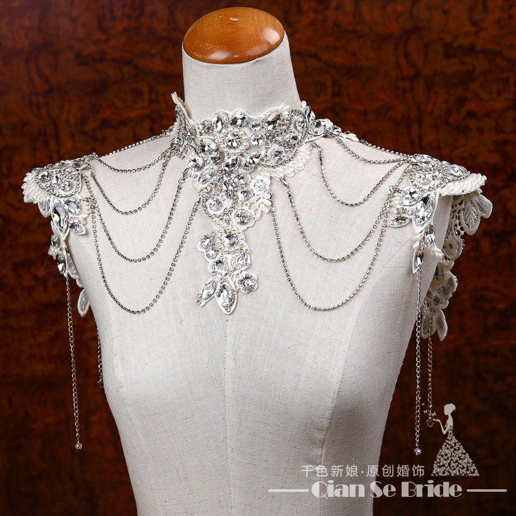 Gorgeous Lace Flower Pearls Rhinestone Tassel Bridal Necklace Shoulder Chain Wedding Accessories