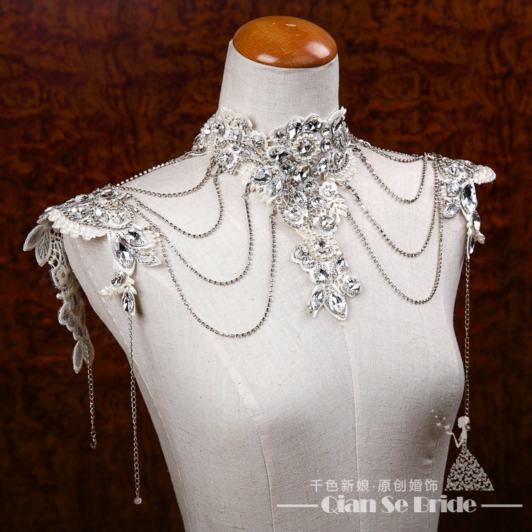 Gorgeous Lace Flower Pearls Rhinestone Tassel Bridal Necklace Shoulder Chain Wedding Accessories