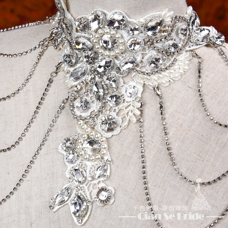 Gorgeous Lace Flower Pearls Rhinestone Tassel Bridal Necklace Shoulder Chain Wedding Accessories