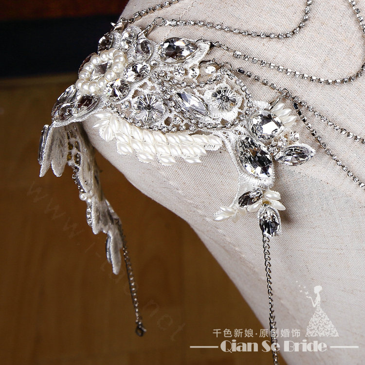 Gorgeous Lace Flower Pearls Rhinestone Tassel Bridal Necklace Shoulder Chain Wedding Accessories