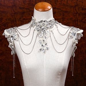 Gorgeous Lace Flower Pearls Rhinestone Tassel Bridal Necklace Shoulder Chain Wedding Accessories