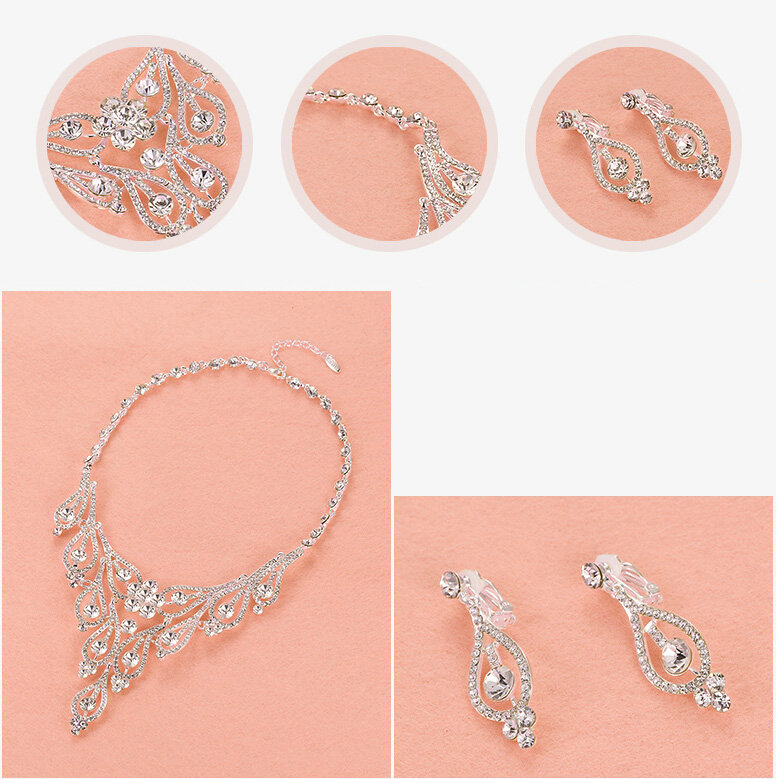 Gorgeous Rhinestone Hollow Flower Bridal Necklace Earrings Women Wedding Jewelry Sets - Silver