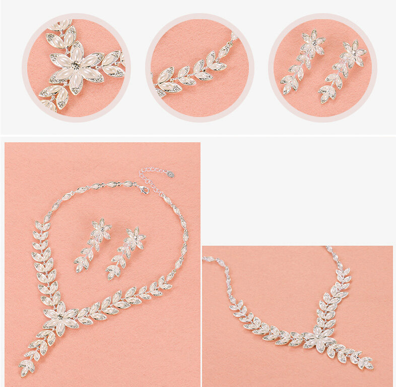 Gorgeous Rhinestone Pearl Flower Bridal Necklace Earrings Women Wedding Jewelry Sets - Silver