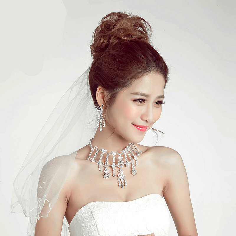 Gorgeous Rhinestone Tassel Flower Bridal Necklace Earrings Women Wedding Jewelry Sets - Silver