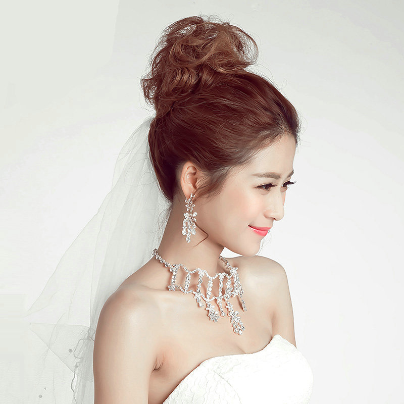 Gorgeous Rhinestone Tassel Flower Bridal Necklace Earrings Women Wedding Jewelry Sets - Silver