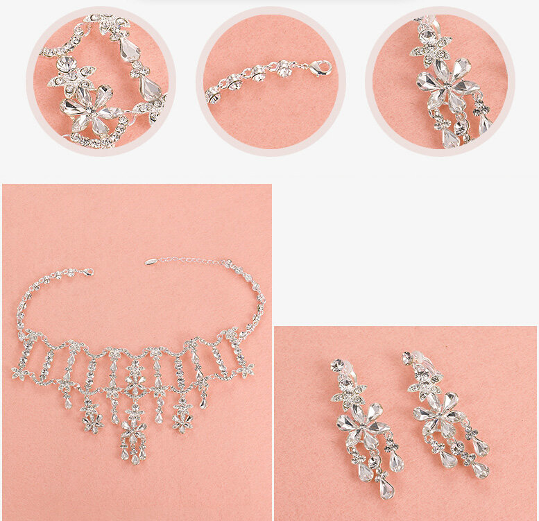 Gorgeous Rhinestone Tassel Flower Bridal Necklace Earrings Women Wedding Jewelry Sets - Silver