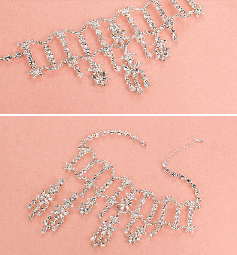 Gorgeous Rhinestone Tassel Flower Bridal Necklace Earrings Women Wedding Jewelry Sets - Silver