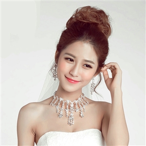 Gorgeous Rhinestone Tassel Flower Bridal Necklace Earrings Women Wedding Jewelry Sets - Silver