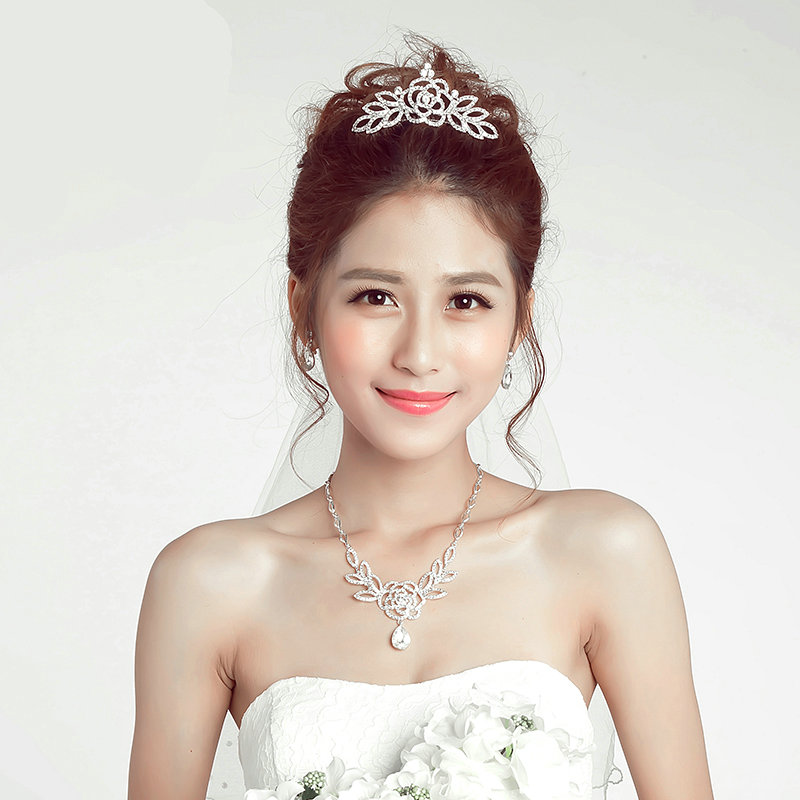 Hollow Flower Rhinestone Bridal Jewelry Tiaras Necklace Earring Women Pageant Sets 3pcs - White