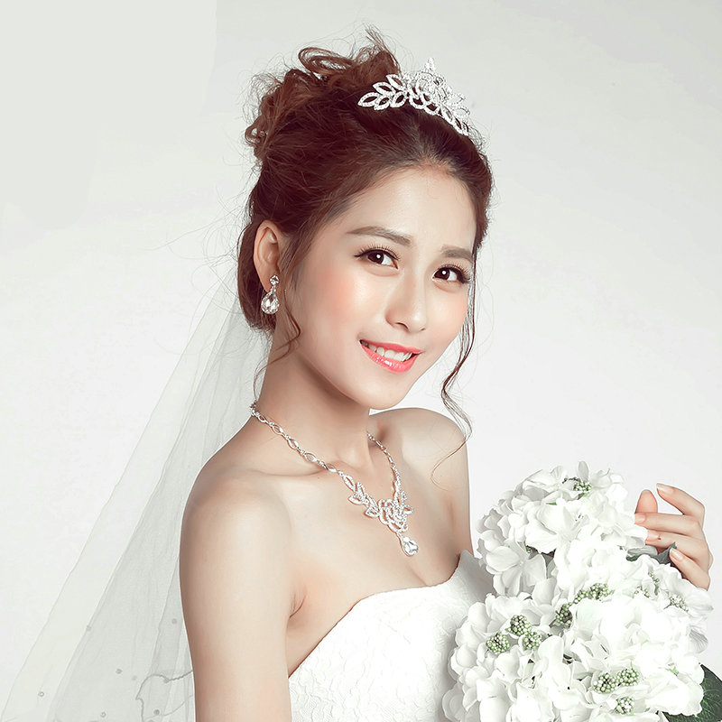 Hollow Flower Rhinestone Bridal Jewelry Tiaras Necklace Earring Women Pageant Sets 3pcs - White
