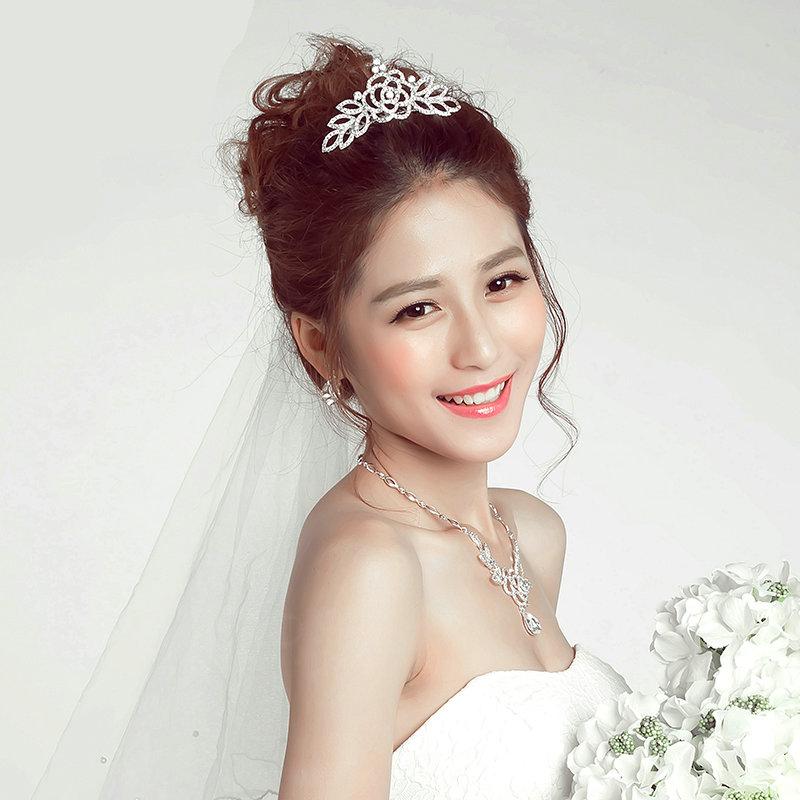 Hollow Flower Rhinestone Bridal Jewelry Tiaras Necklace Earring Women Pageant Sets 3pcs - White