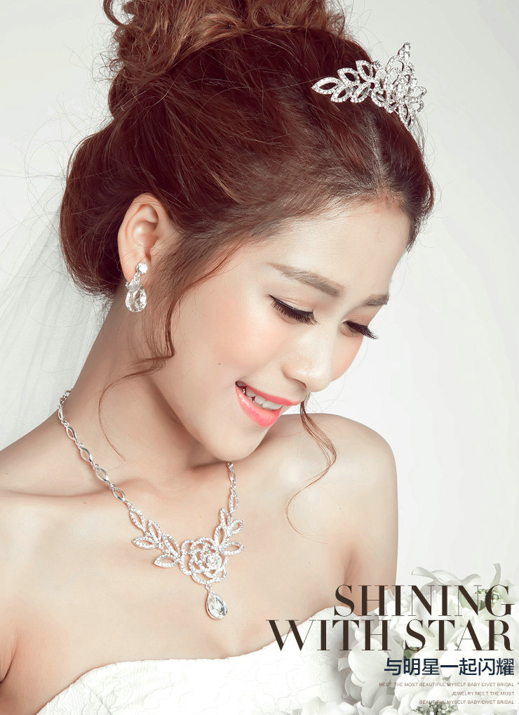 Hollow Flower Rhinestone Bridal Jewelry Tiaras Necklace Earring Women Pageant Sets 3pcs - White