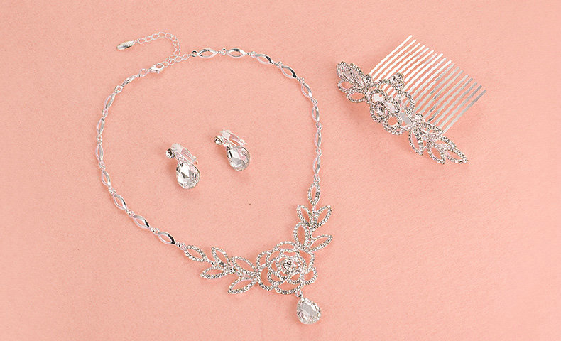 Hollow Flower Rhinestone Bridal Jewelry Tiaras Necklace Earring Women Pageant Sets 3pcs - White