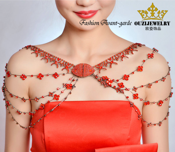 Hot sales Bridal Alloy Rhinestone Flower Shoulder Chain Unique Wedding Stage Jewelry - Red