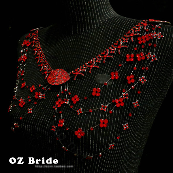 Hot sales Bridal Alloy Rhinestone Flower Shoulder Chain Unique Wedding Stage Jewelry - Red