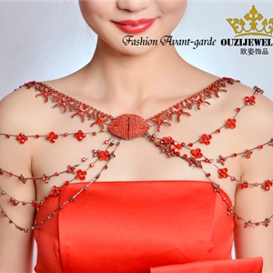 Hot sales Bridal Alloy Rhinestone Flower Shoulder Chain Unique Wedding Stage Jewelry - Red