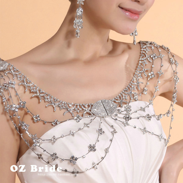 Hot sales Bridal Alloy Rhinestone Flower Shoulder Chain Unique Wedding Stage Jewelry - White