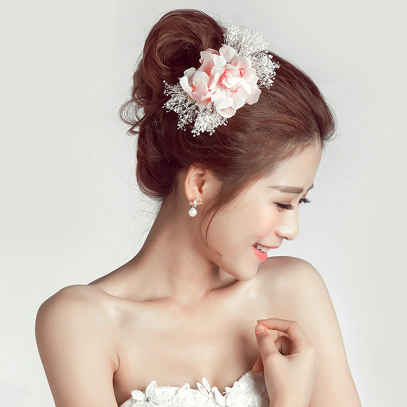 Lace Flower Bride Hair Barrettes Clip Women Headbands Wedding Accessories - Pink